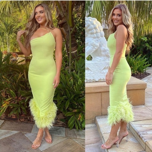 HOUSE OF CB Alessia Asymmetric Feather Trim Midi Dress in Lime Size X-Small - Picture 1 of 16